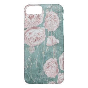 Shabby Chic Roses On Distressed Dark Blue Wood Case-Mate iPhone Case