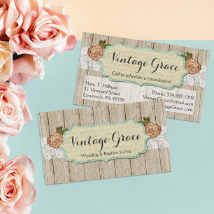 Shabby Chic Roses on Rustic Wood & Vintage Lace Business Card