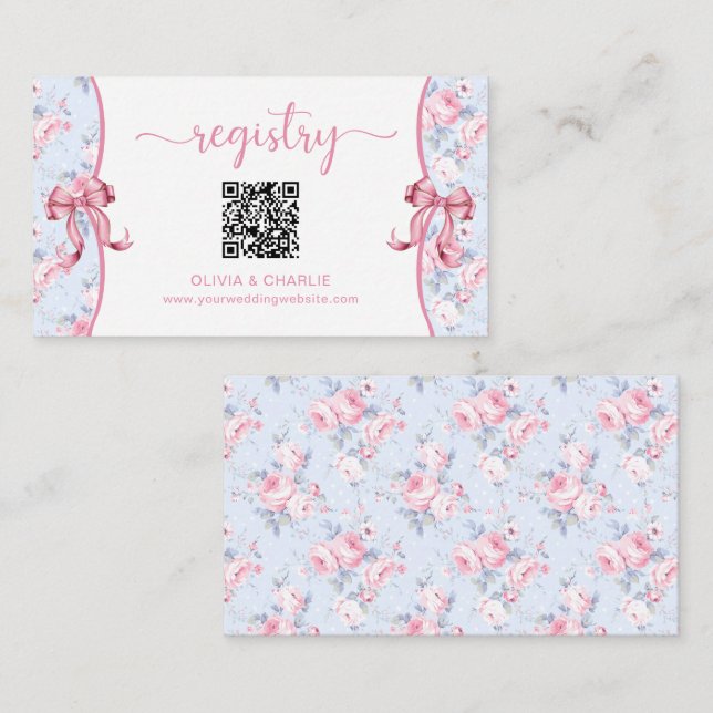 Shabby Chic Roses Pink Bow Wedding Registry Enclosure Card (Front/Back)