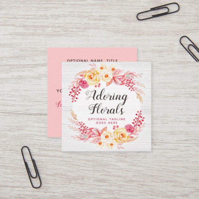 Shabby Chic Roses & Rustic Wood Blush Pink Floral Square Business Card (Front/Back In Situ)