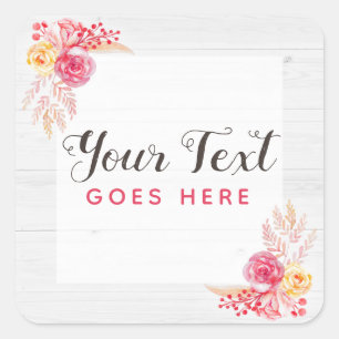 Shabby Chic Roses & Rustic Wood Blush Pink Floral Square Sticker