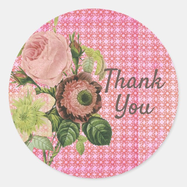 Shabby Chic Roses Thank You   Classic Round Sticker (Front)