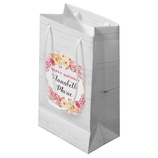 Shabby Chic Rustic Floral Roses Happy Birthday Small Gift Bag (Front Angled)