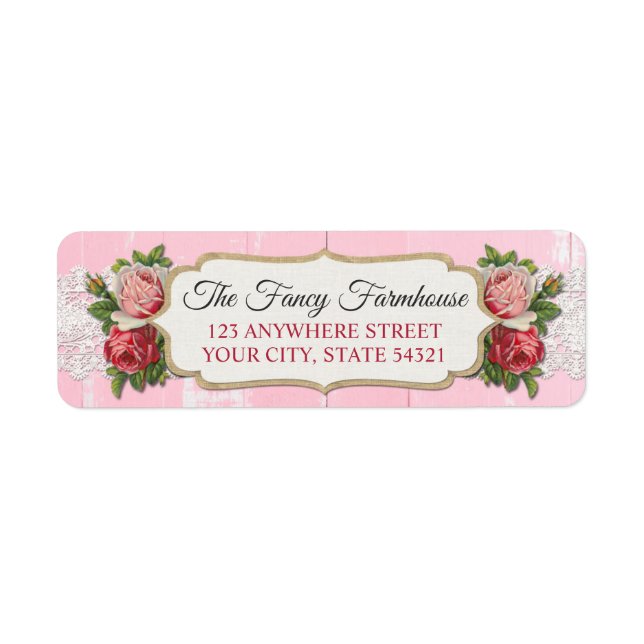Shabby Chic Rustic Wood Pink Floral Return Address (Front)