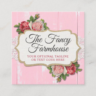 Shabby Chic Rustic Wood Pink Floral Vintage Roses Square Business Card