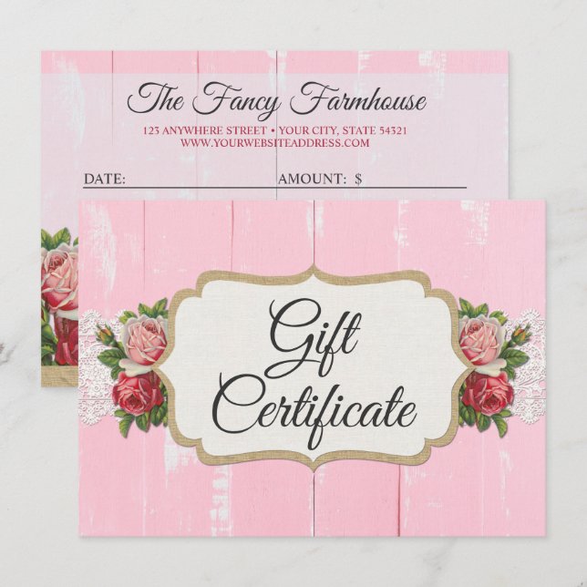 Shabby Chic Rustic Wood Pink Gift Certificate Card (Front/Back)