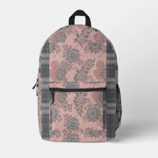 Shabby Chic Slate Gray Roses and Tartan Pink Printed Backpack