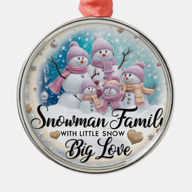 Shabby Chic Snowman Family of 5 Premium Round  Metal Tree Decoration (Front)