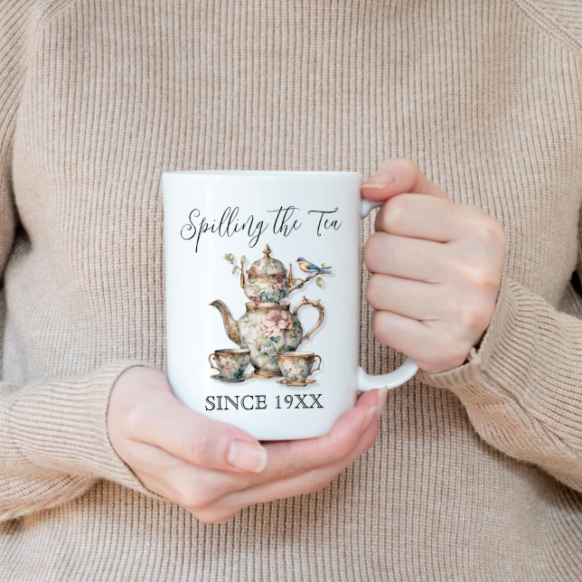 Shabby Chic Spilling the Tea Since Cup Mug Gift (Spilling the tea coffee cup tea cup funny gift for her gossip girl or best friend since add the date)