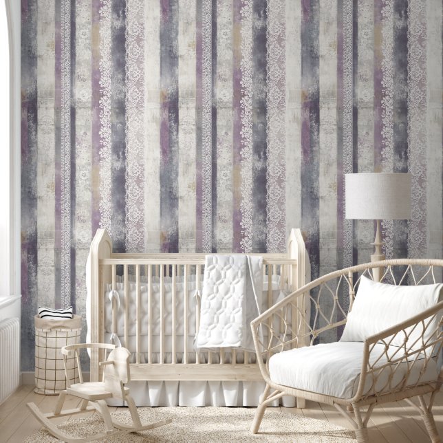 Shabby Chic Stripe Lavender Cream Rustic Wallpaper (Kids)