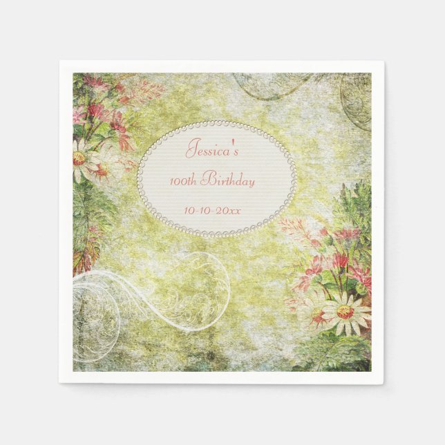 Shabby Chic Sweet 100th Birthday & Wildflowers Napkin (Front)