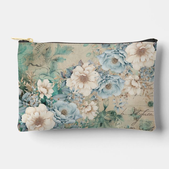 Shabby Chic Teal Pastel Floral Make-Up Bag (Front)