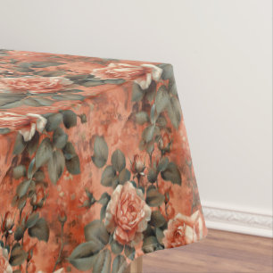 Shabby chic terracotta copper sage vintage roses tablecloth