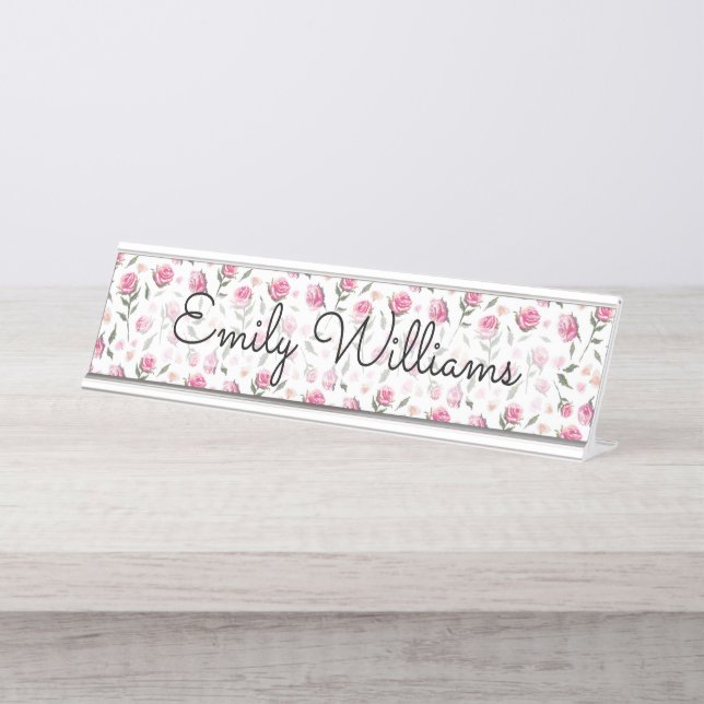 Shabby Chic Tiny Pretty Pink Roses White Feminine Desk Name Plate (Front)