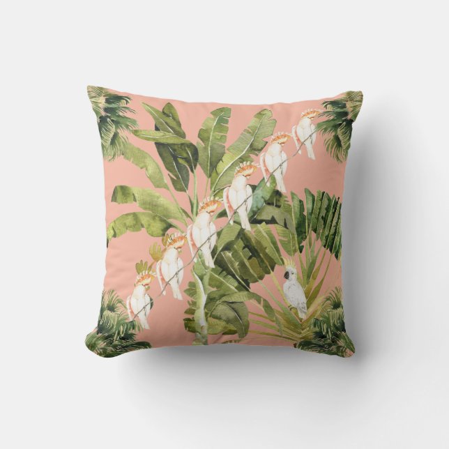 Shabby Chic Tropical Peach Fern Green Cushion (Front)