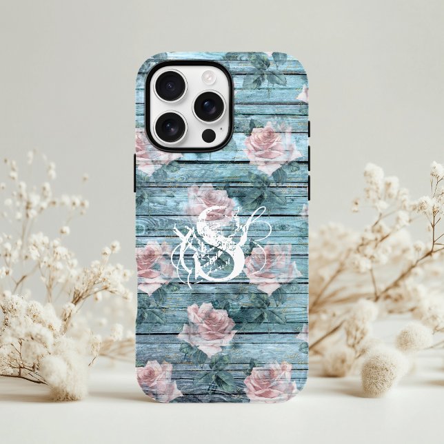 Shabby Chic Turquoise Pink Floral Monogram Case-Mate iPhone Case (Creator Uploaded)