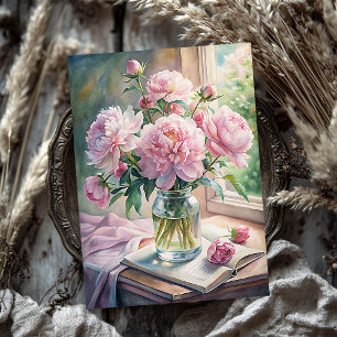 Shabby chic vase with pink peonies on table tissue paper