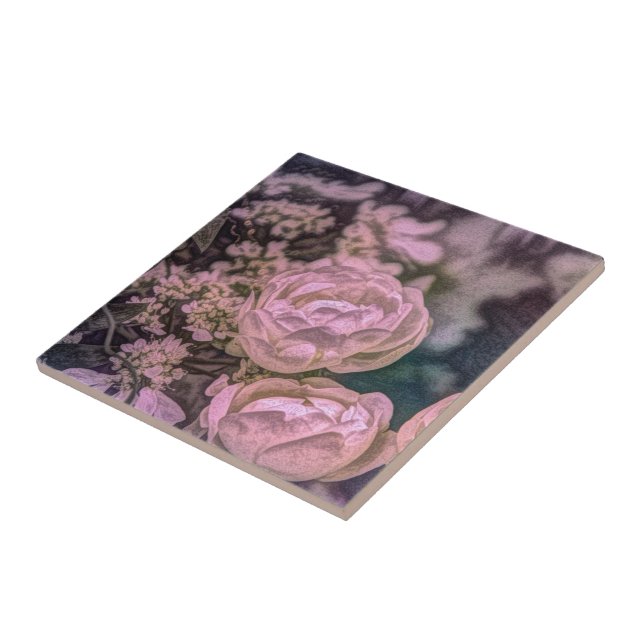 Shabby chic Victorian garden Bohemian pink Rose Tile (Side)