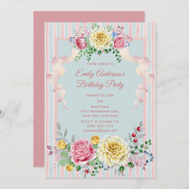 Shabby Chic Vintage Floral Birthday Invitation (Front/Back)
