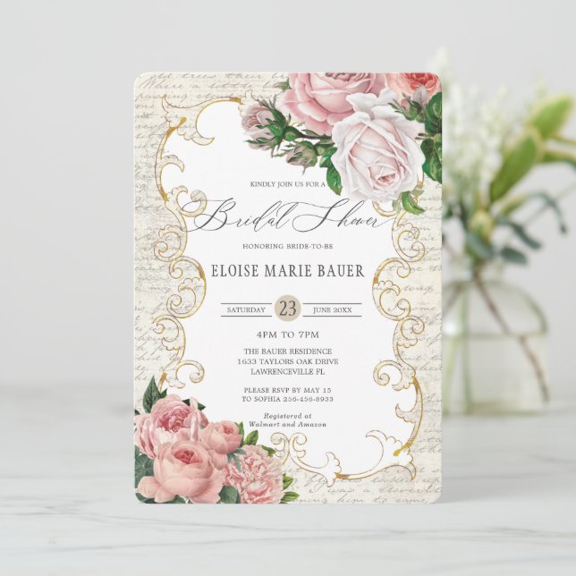 Shabby Chic Vintage French Roses Bridal Shower Invitation (Standing Front)