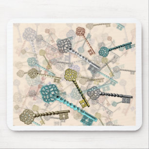 Shabby chic vintage keys print, subtle, pale shade mouse pad