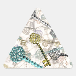 Shabby chic vintage keys print, subtle, pale shade triangle sticker