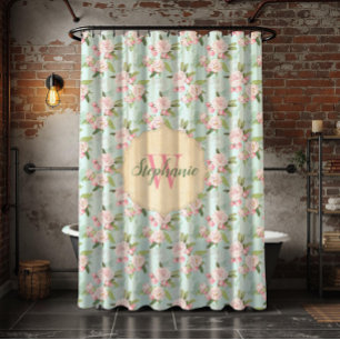 Shabby Chic Vintage Pink Floral Monogram Aqua Shower Curtain