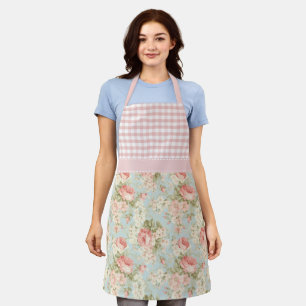 Shabby Chic Vintage Pink Roses Floral Gingham Apron