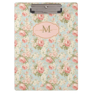 Shabby Chic Vintage Pink Roses Floral Monogram Clipboard