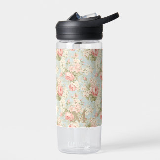 Shabby Chic Vintage Pink Roses Floral Monogram  Water Bottle