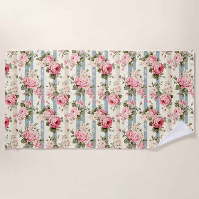 Shabby Chic Vintage Roses Beach Towel (Front)