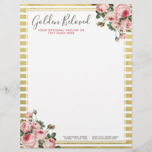 Shabby Chic Vintage Roses & Modern Gold Stripes Custom Letterhead