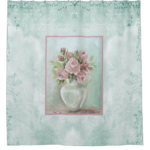 Shabby Chic Vintage Victorian Pink Roses on Teal Shower Curtain