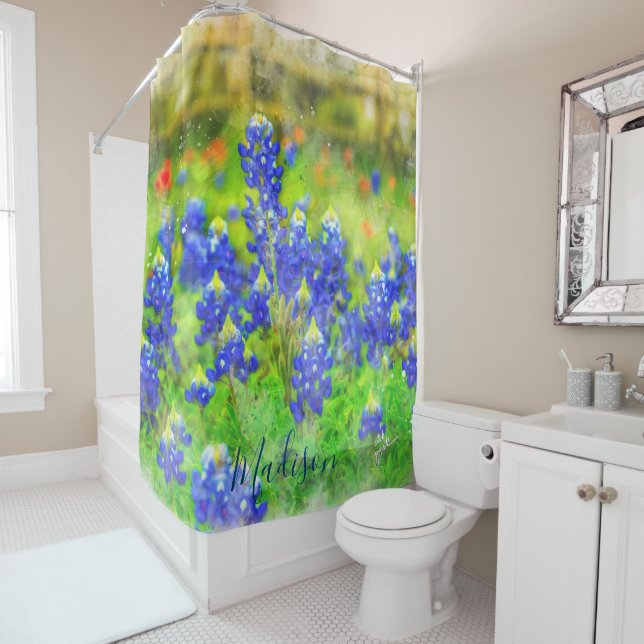 Shabby Chic Watercolor Bluebonnet Floral Custom Shower Curtain (In Situ)