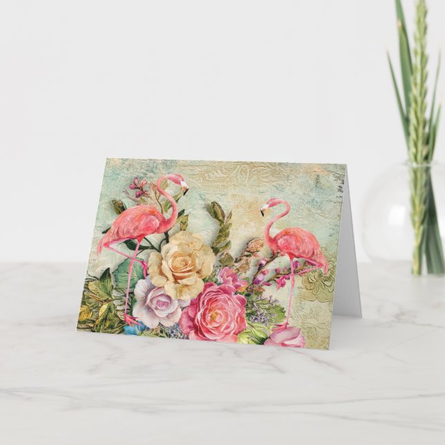Shabby Chic Watercolor Floral Flamingo Card (Front)