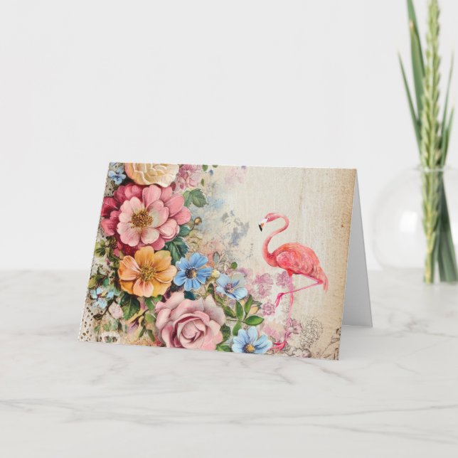 Shabby Chic Watercolor Floral Flamingo Card (Front)
