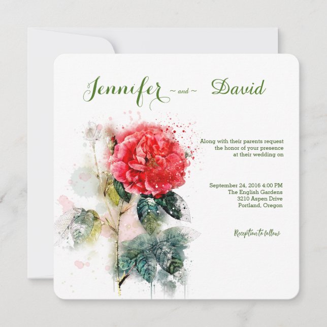 Shabby Chic Watercolor Rose Wedding Invitation (Front)