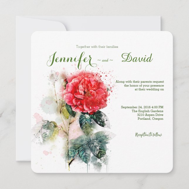 Shabby Chic Watercolor Rose Wedding Invitation (Front)