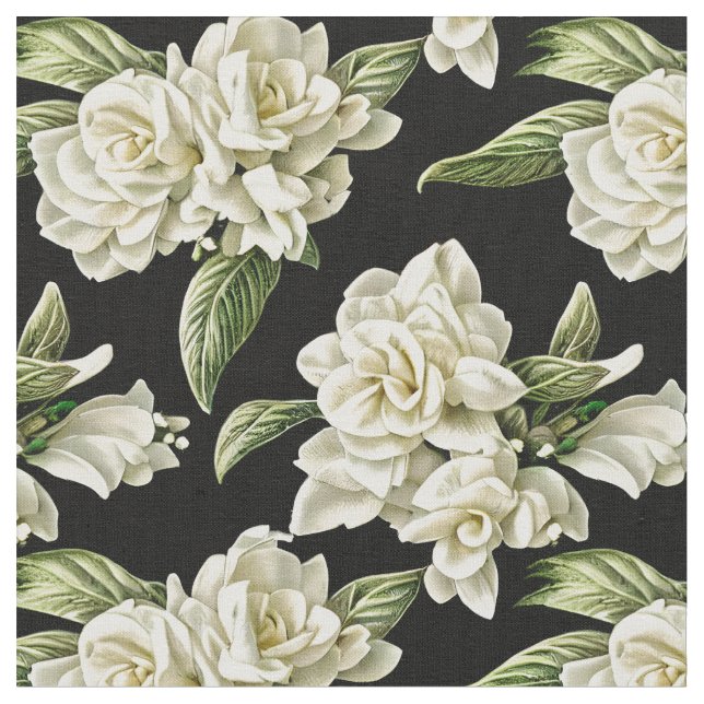 Shabby Chic - White Gardenias on a dark background Fabric (Close Up)