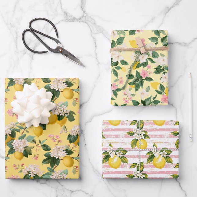 Shabby Chic yellow pink Lemons Amalfi Italy Wrapping Paper Sheet (Front)