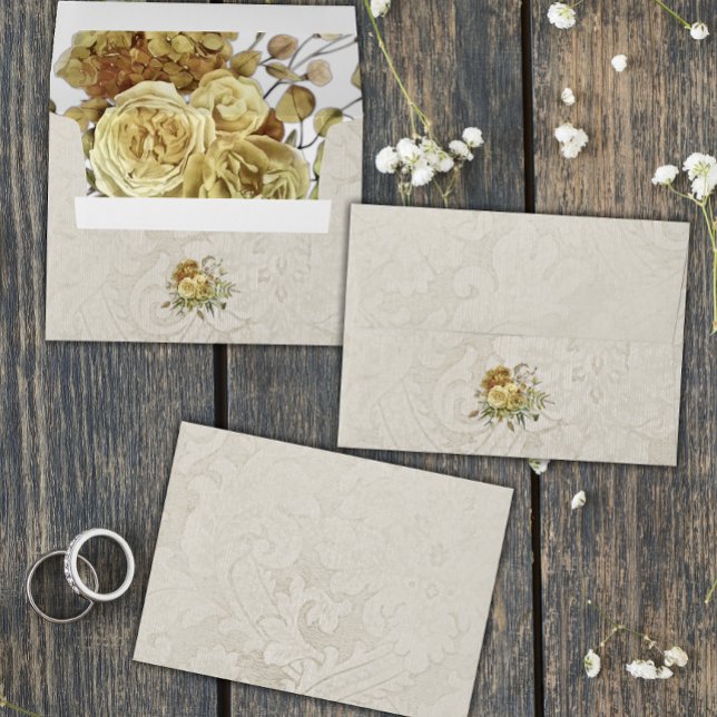 Shabby-Chic Yellow Roses and Cream Damask Wedding Envelope (Creator Uploaded)