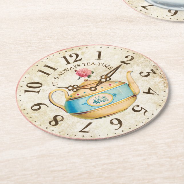 Shabby Clock Teapot Teatime Tea Party Coasters (Angled)