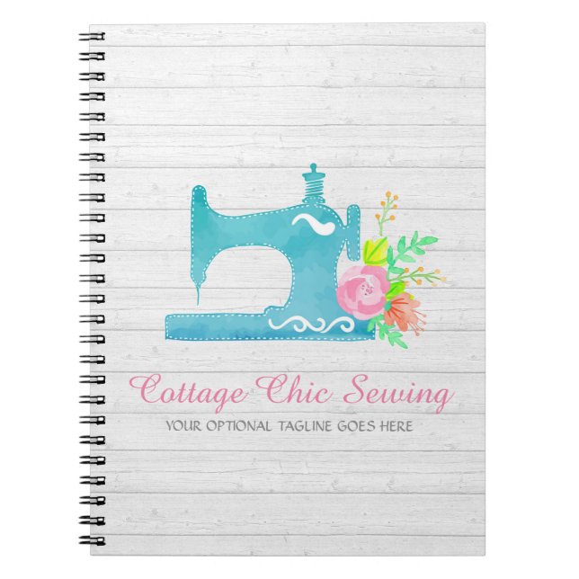Shabby Cottage Chic Sewing Machine Rustic Wood Notebook (Front)