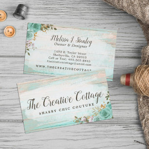 Shabby Cottage Chic Turquoise Floral Rustic Wood Business Card