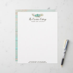 Shabby Cottage Chic Turquoise Floral Rustic Wood Custom Letterhead