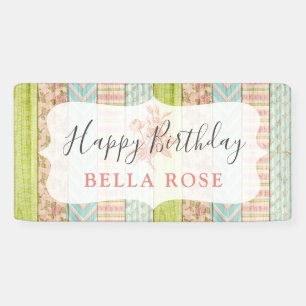 Shabby Cottage Pink Rose Baby Girl Happy Birthday Banner