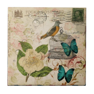 shabby elegance floral bird french botanical tile