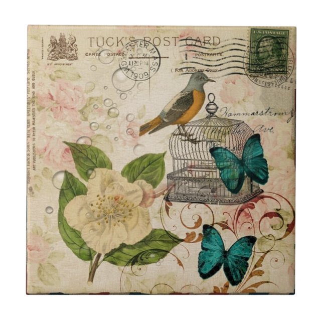 shabby elegance floral bird french botanical tile (Front)