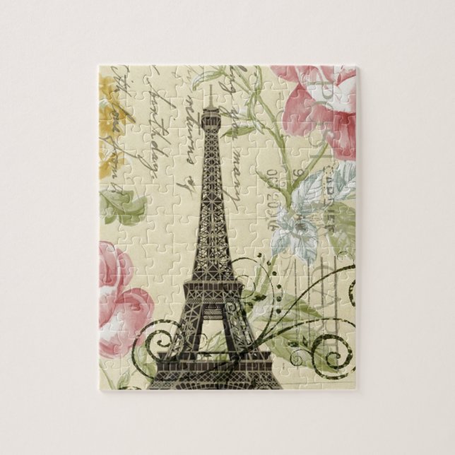 shabby elegance yellow pink floral eiffel tower jigsaw puzzle (Vertical)