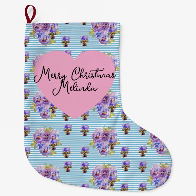 Shabby Floral Pastel Blue Christmas Girls Name Large Christmas Stocking (Front)